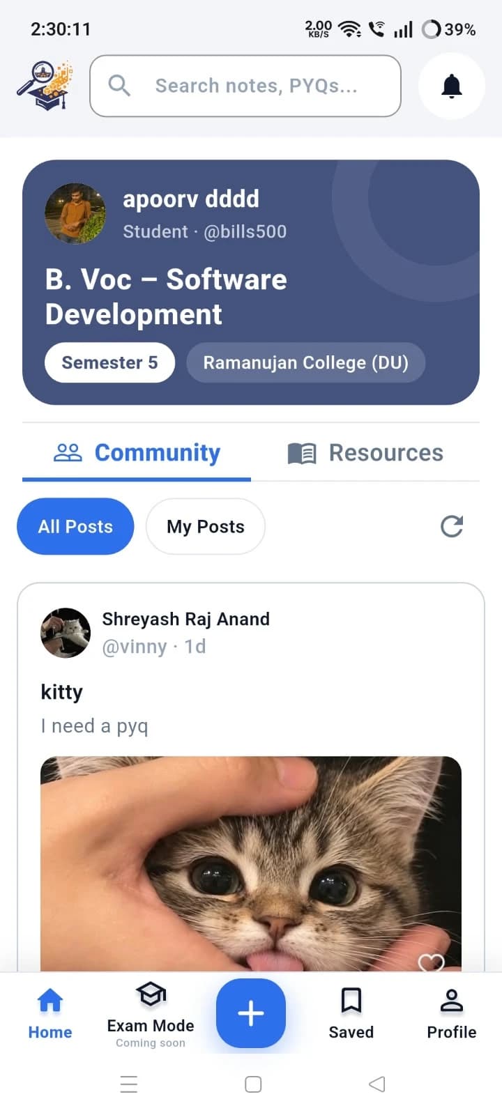 Semester Forge home screen with profile card and community feed